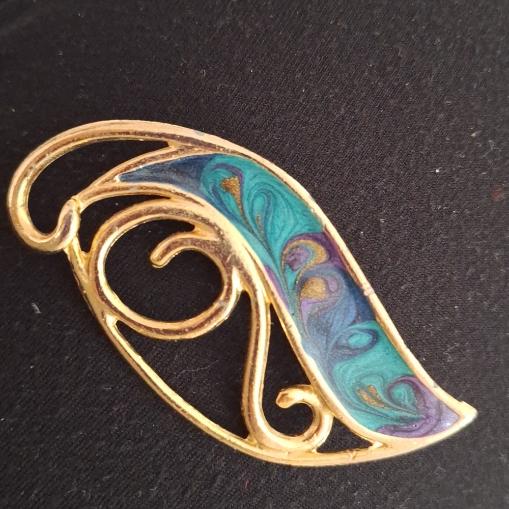 Gold-Tone Swirl Brooch with Teal and Purple Enamel